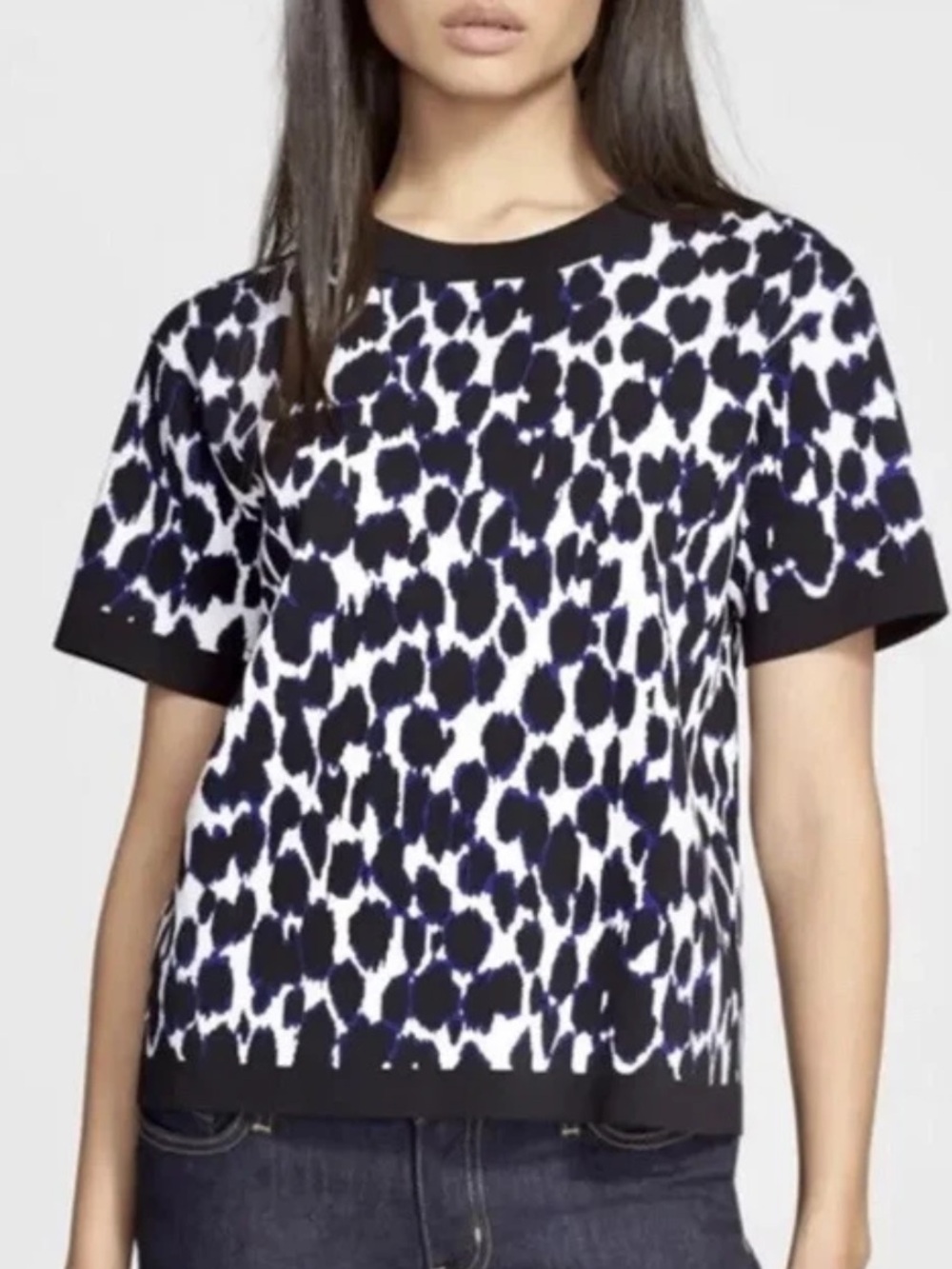 Kate Spade Leopard Print Short Sleeve Sweater Blue Black White S